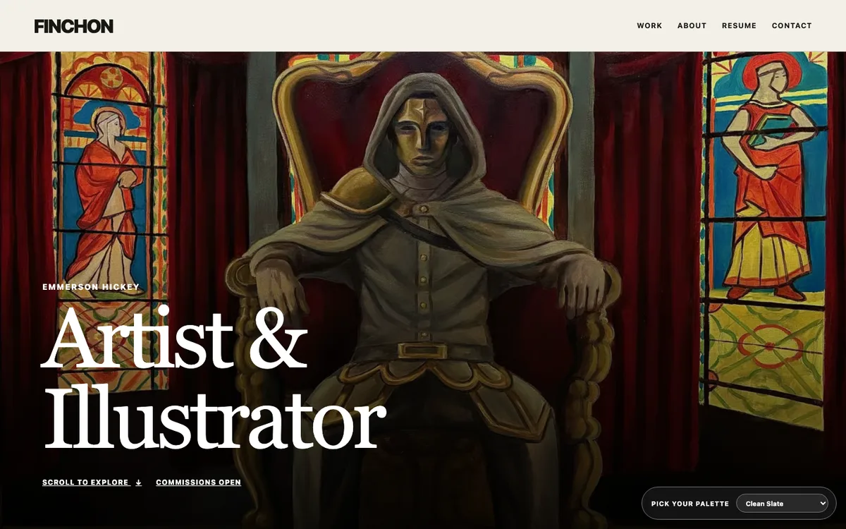 FINCHON portfolio homepage showing a large fantasy character illustration and the words Artist and Illustrator.